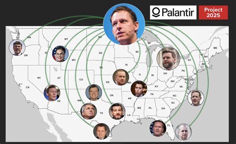 Map of the U.S. with Peter Thiel and conservative politicians connected to Palantir and Project 2025.
