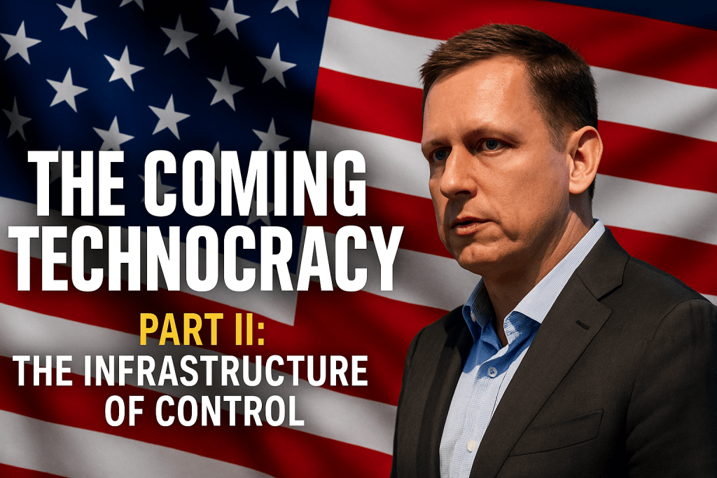 Peter Thiel in a suit against a vivid American flag backdrop, with bold white text reading “The Coming Technocracy” and yellow subtitle “Part II: The Infrastructure of Control,” representing the theme of corporate power and governance in the U.S.