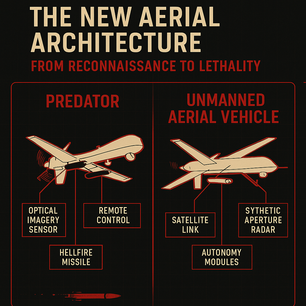 Infographic comparing the Predator drone to a modern unmanned aerial vehicle. The Predator is labeled with optical imagery sensor, remote control, and Hellfire missile. The modern UAV is labeled with satellite link, autonomy modules, and synthetic aperture radar. Title reads “The New Aerial Architecture: From Reconnaissance to Lethality.”