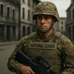 Fictional image of a stern-faced National Guard soldier in camouflage uniform and helmet, holding a rifle across his chest, standing in a deserted urban area with weathered buildings in the background.