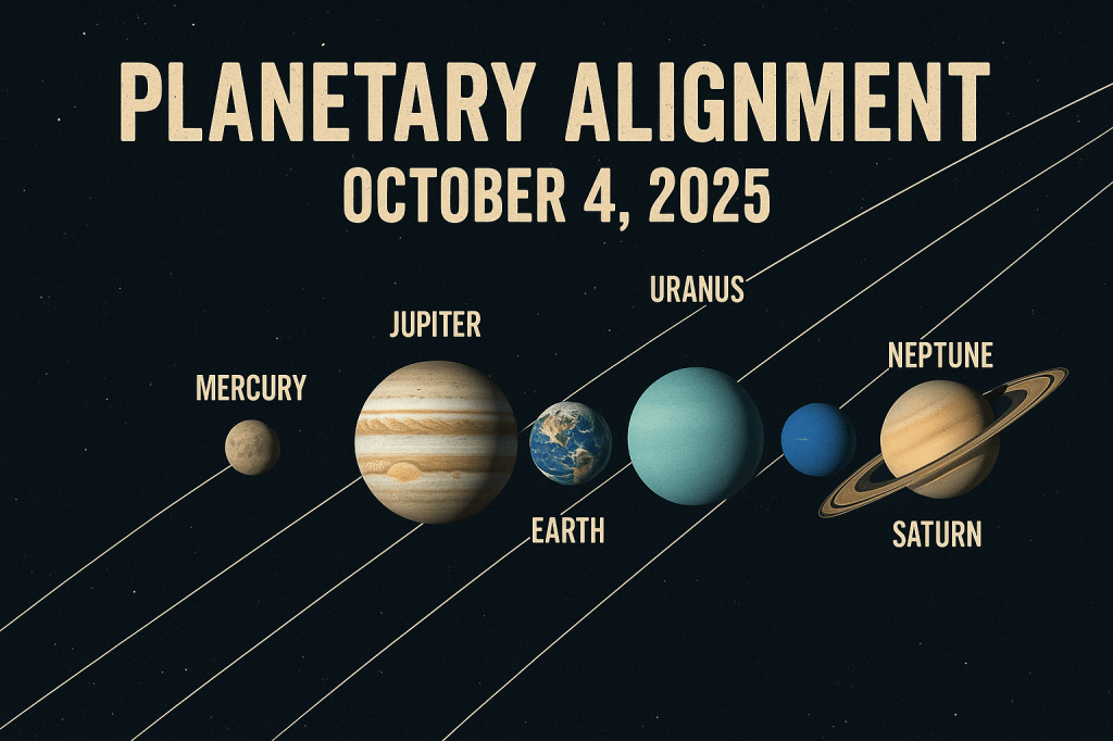 Digital illustration showing planetary alignment of Mercury, Jupiter, Earth, Uranus, Neptune, and Saturn in linear orbit on October 4, 2025. Cosmic background emphasizes rare astronomical event.