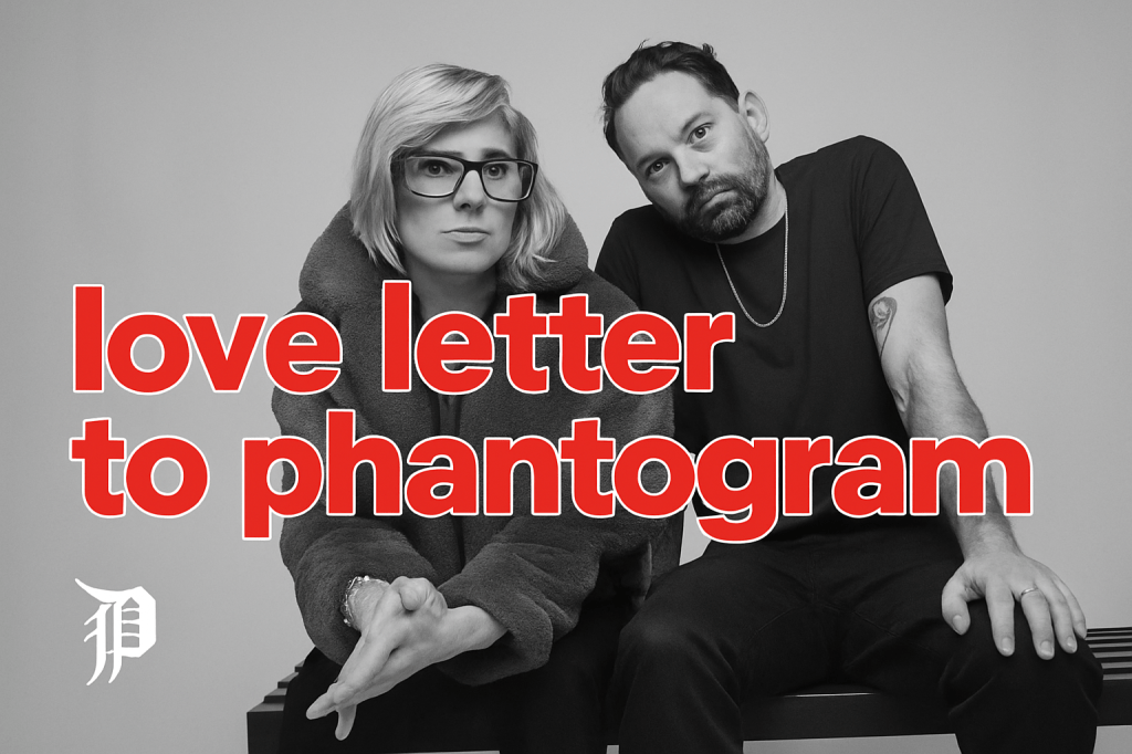 Black-and-white promotional photo of Phantogram’s Sarah Barthel and Josh Carter seated against a minimalist backdrop. Bold red text reads “love letter to phantogram” with a gothic-style “P” logo in the corner.