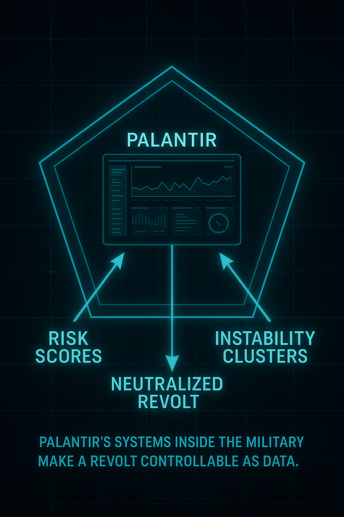 Infographic of a Pentagon-shaped node labeled Palantir, with arrows pointing toward “Risk Scores,” “Instability Clusters,” and “Neutralized Revolt,” illustrating how military dissent is contained as data.