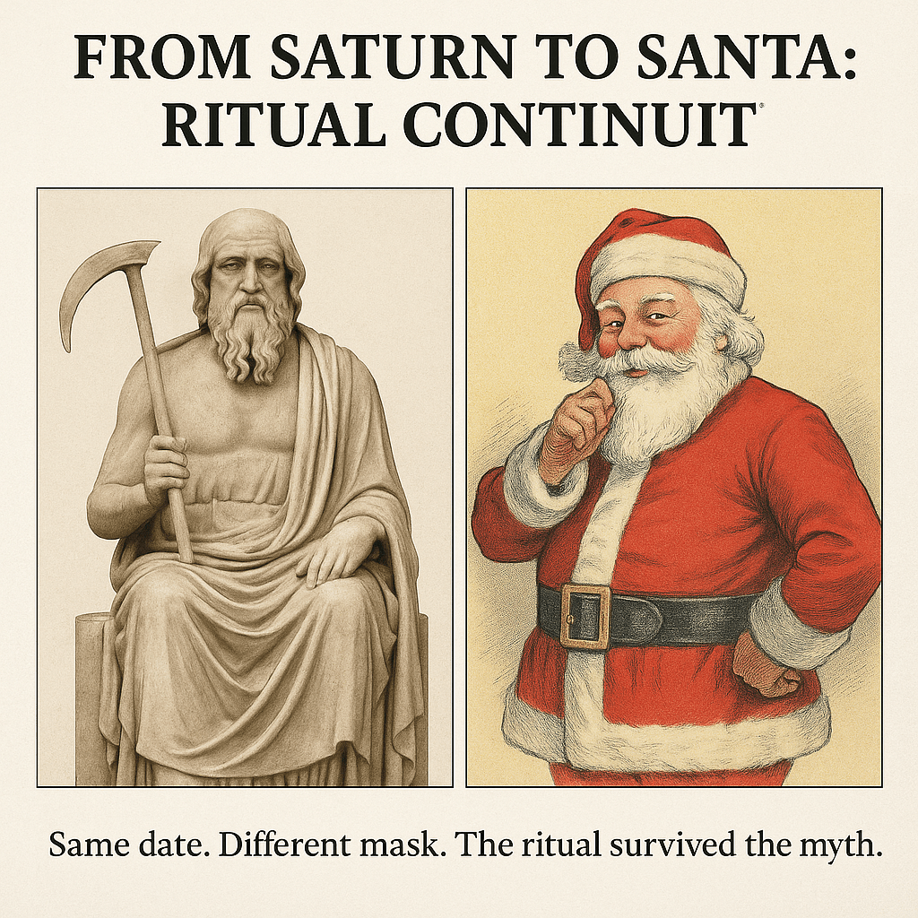 Side-by-side image of Roman god Saturn holding a scythe next to Santa Claus, highlighting ritual continuity.