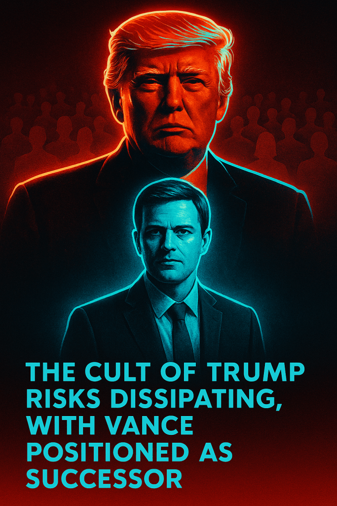 Graphic with Trump in glowing red dominating the background crowd, while J.D. Vance appears in neon blue beneath him, symbolizing succession from charisma to engineered continuity.