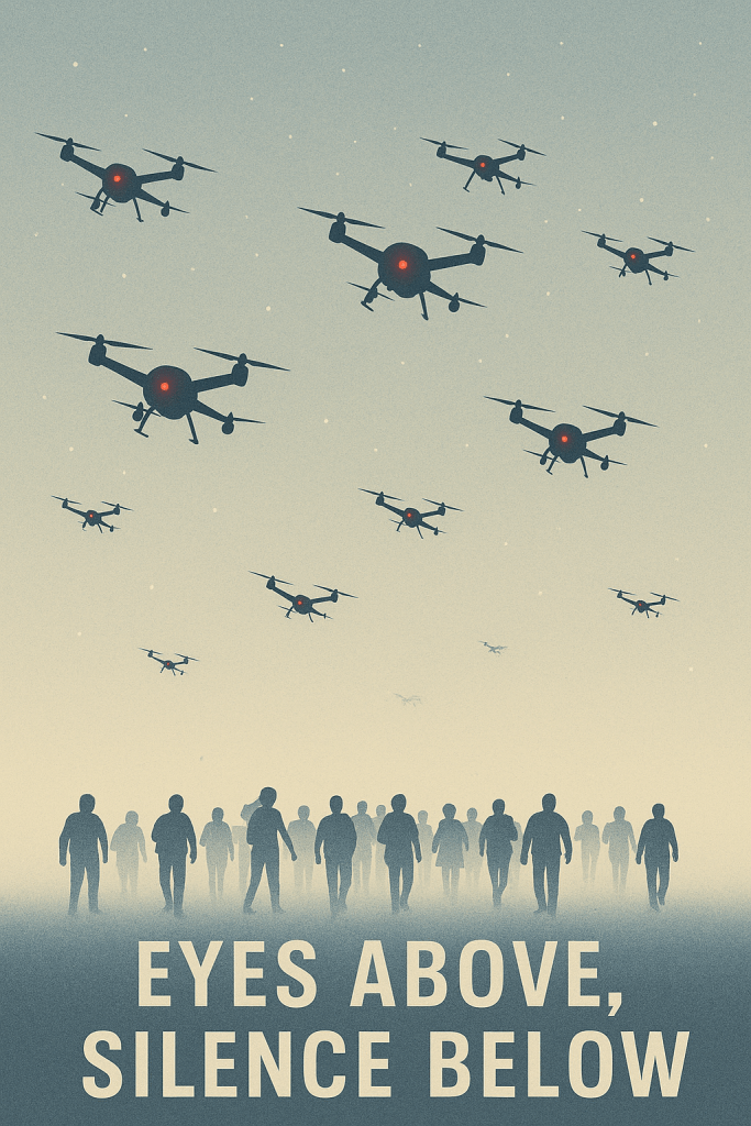Digital illustration titled “Eyes Above, Silence Below.” A night sky filled with drone silhouettes glowing with red optics hovers above a crowd of silhouetted people standing below. The drones resemble stars but are clearly machines, creating a haunting, dystopian atmosphere.