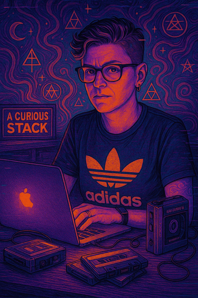 Digital portrait of a queer Gen X woman seated at a cluttered table lit by the glow of a MacBook Pro. She wears glasses and a vintage Adidas trefoil tee, surrounded by cassette tapes, a notebook, and the ambient hum of memory and resistance. The colors are warm, psychedelic, and layered with texture — part punk, part mystic, part archive. This is S. Fucking Stack, mid-transmission, mid-reckoning.