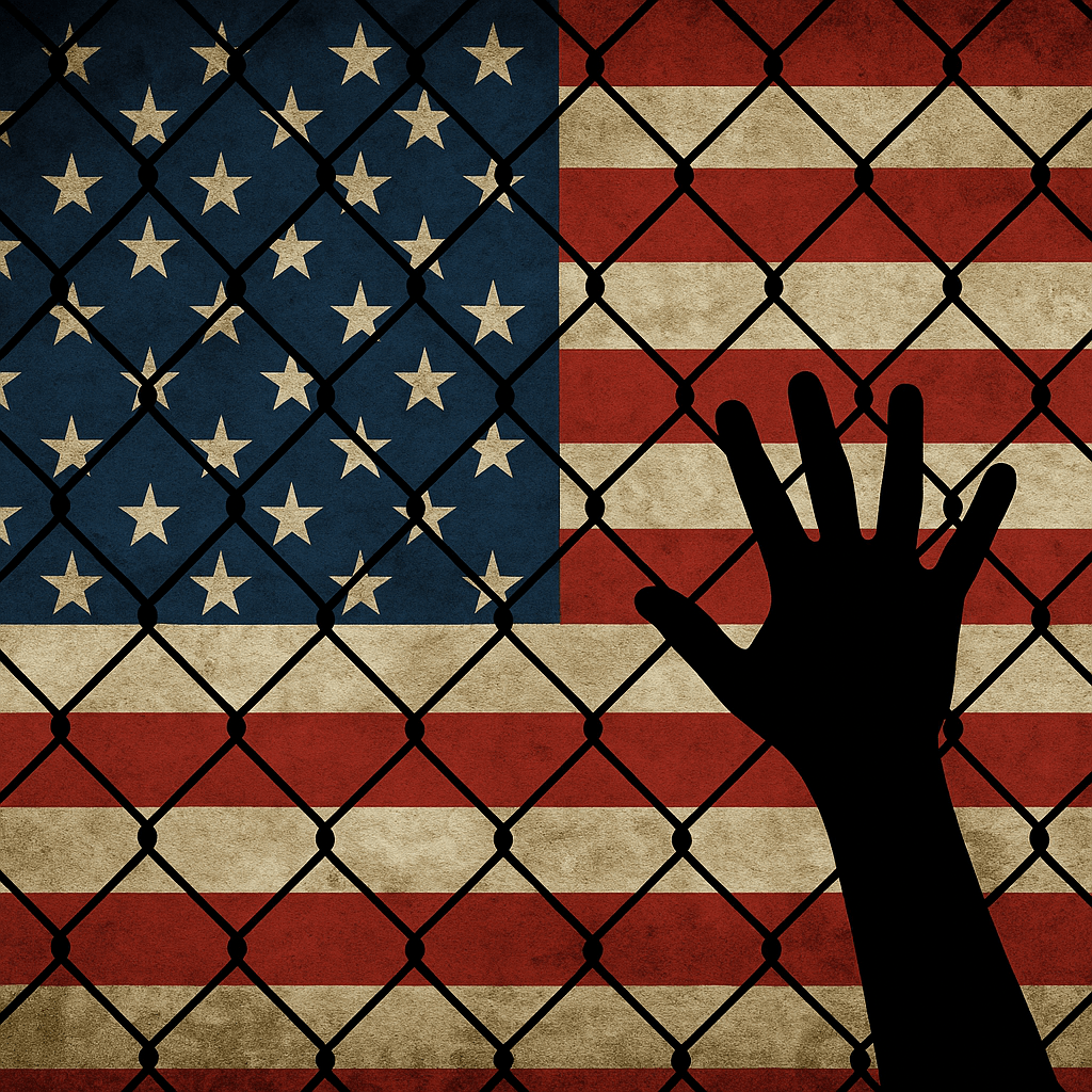 Silhouette of a hand pressed against chain-link fencing overlaid on the U.S. flag, symbolizing surveillance, restriction, and loss of liberty.