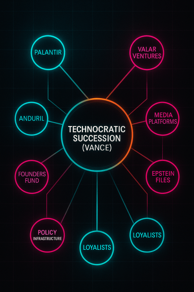 Infographic with a central glowing node labeled “Technocratic Succession (Vance),” surrounded by nodes: Palantir, Anduril, Founders Fund, Valar Ventures, Media Platforms, Policy Infrastructure, Epstein Files, and Loyalists.