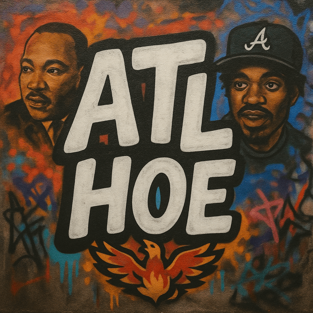 Graffiti mural with the word “ATL” in large block-style letters, surrounded by colorful spray paint accents, Atlanta skyline silhouettes, and stylized portraits of local celebrities and historical figures like Outkast, Dr. Martin Luther King Jr., and a peach symbol.