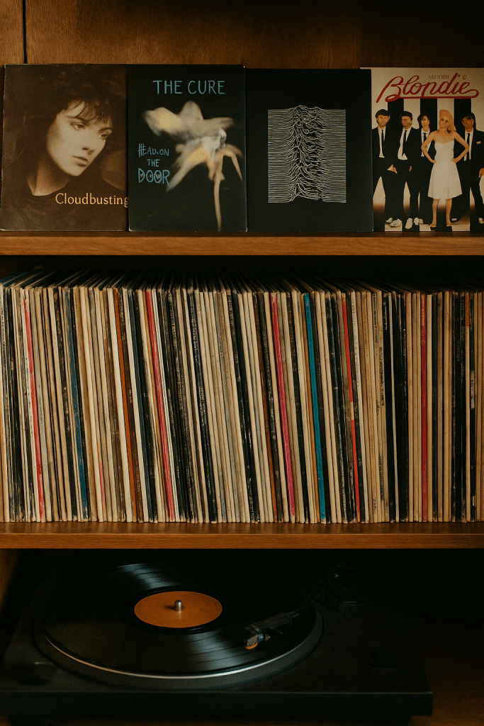  A wooden shelf filled with a large vinyl record collection, colorful album spines lined up tightly, with a turntable playing a record below and album covers from the 1980s, including Kate Bush, The Cure, Joy Division, and Blondie, displayed across the top.