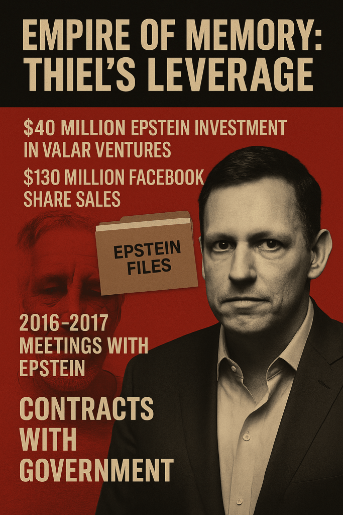 Sepia-toned graphic featuring Peter Thiel with text overlay detailing a $40 million Epstein investment in Valar Ventures, $130 million Facebook share sales, and 2016–2017 meetings with Epstein; background includes a shadowed image of Jeffrey Epstein and a labeled folder marked “Epstein Files”; text header reads “Empire of Memory: Thiel’s Leverage.”