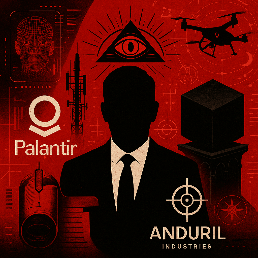 Stylized red-and-black digital illustration featuring a silhouetted businessman surrounded by surveillance and control imagery: the Palantir and Anduril logos, a drone, security camera, facial recognition wireframe, telecom tower, black cube on a pedestal, and an all-seeing eye inside a triangle. The composition evokes themes of surveillance, predictive governance, and technocratic control.