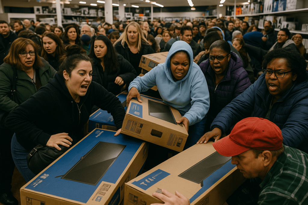 Chaotic scene of Black Friday shoppers aggressively grabbing boxed flat-screen TVs in a crowded retail store. People display intense expressions of desperation, anger, and urgency, symbolizing consumer frenzy and ritualized disorder.
