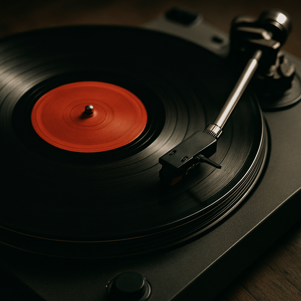  A close-up of a vinyl record spinning on a classic turntable, the red-orange center label visible as the silver tonearm rests on the grooves under warm, moody lighting.