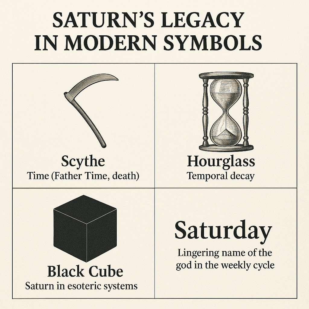 Infographic showing four symbols—scythe, hourglass, black cube, Saturday—and their associations with Saturn.