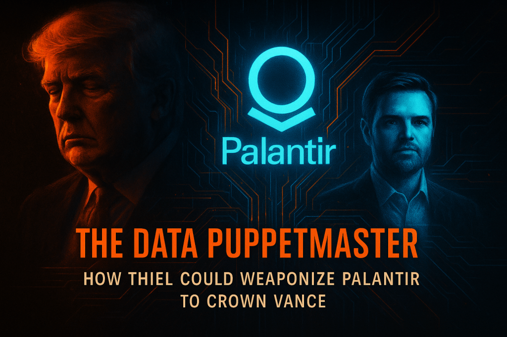 Cinematic graphic showing Donald Trump in shadow on the left, the Palantir logo glowing in the center, and J.D. Vance illuminated on the right, symbolizing Thiel’s succession plan.