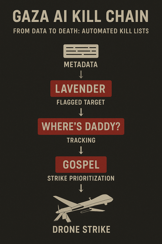 Infographic titled “Gaza AI Kill Chain: From Data to Death – Automated Kill Lists.” Flowchart shows the process: Metadata → Lavender (flagged target) → Where’s Daddy? (tracking) → Gospel (strike prioritization) → Drone Strike. Design is dark with red accent boxes highlighting the AI systems.