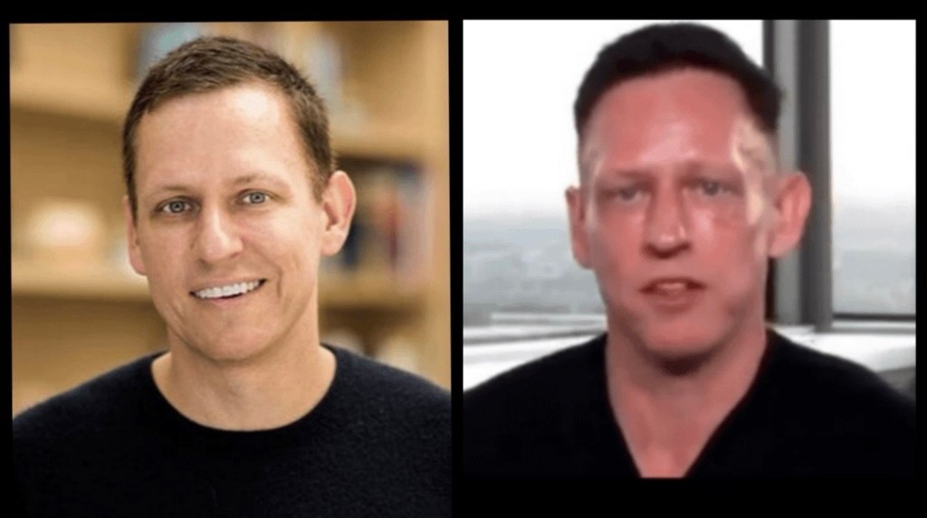 Side-by-side comparison of Peter Thiel: left shows a younger, polished headshot; right shows a later video still where he looks strained and aged, symbolizing his transformation over time.
