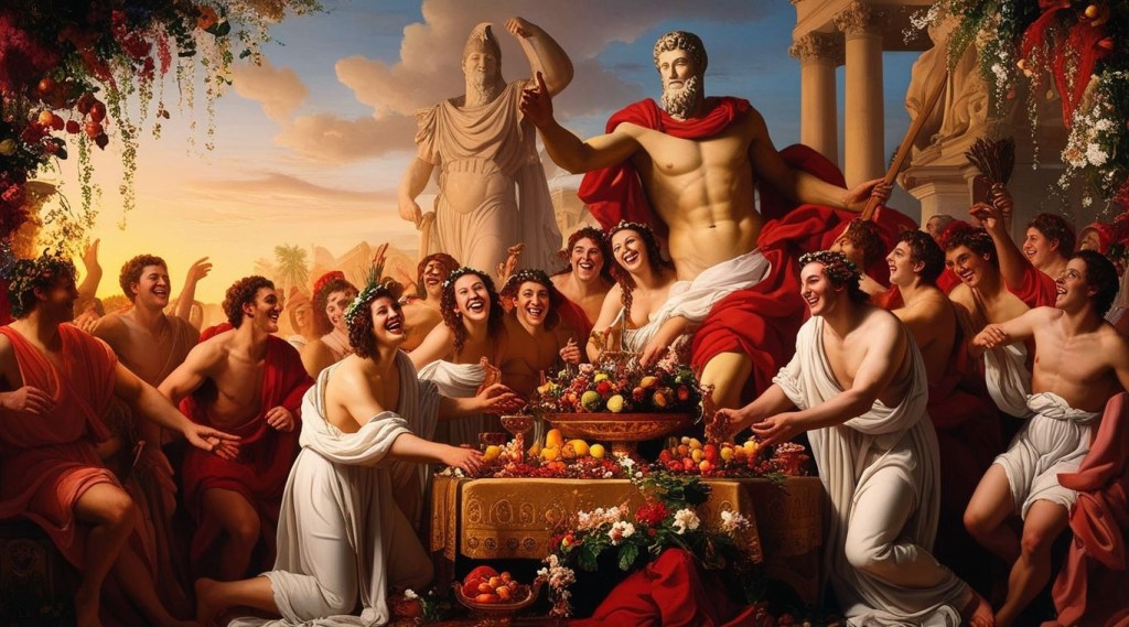 A classical-style painting of the Roman festival Saturnalia, showing men and women in togas laughing and feasting around a grand table overflowing with fruit and wine. At the center, a large statue-like figure of Saturn, draped in red, raises a hand in blessing or command. The scene is joyful, decadent, and set against a glowing sunset with Roman columns and statues in the background.