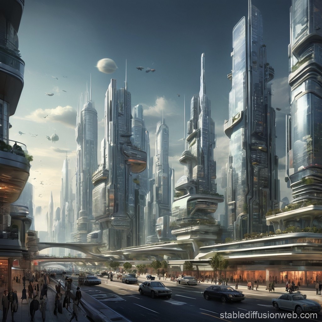 Futuristic city skyline with towering glass skyscrapers, elevated walkways, and flying vehicles, representing advanced corporate-run urban environments.