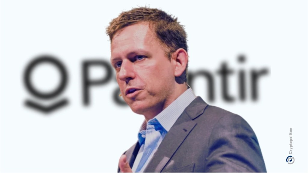 Peter Thiel in a suit speaking on stage, with a blurred Palantir logo behind him, representing his role in surveillance technology development.