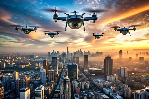 A dramatic image of five large surveillance drones flying over a futuristic city skyline at dawn, with high-rise buildings beneath a vibrant orange and blue sky.
