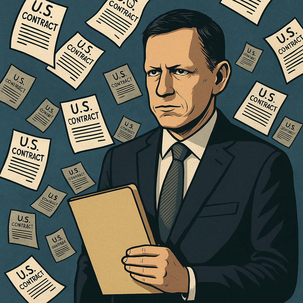 Illustration of Peter Thiel holding a file while government contracts rain down around him signifying the leverage he may hold