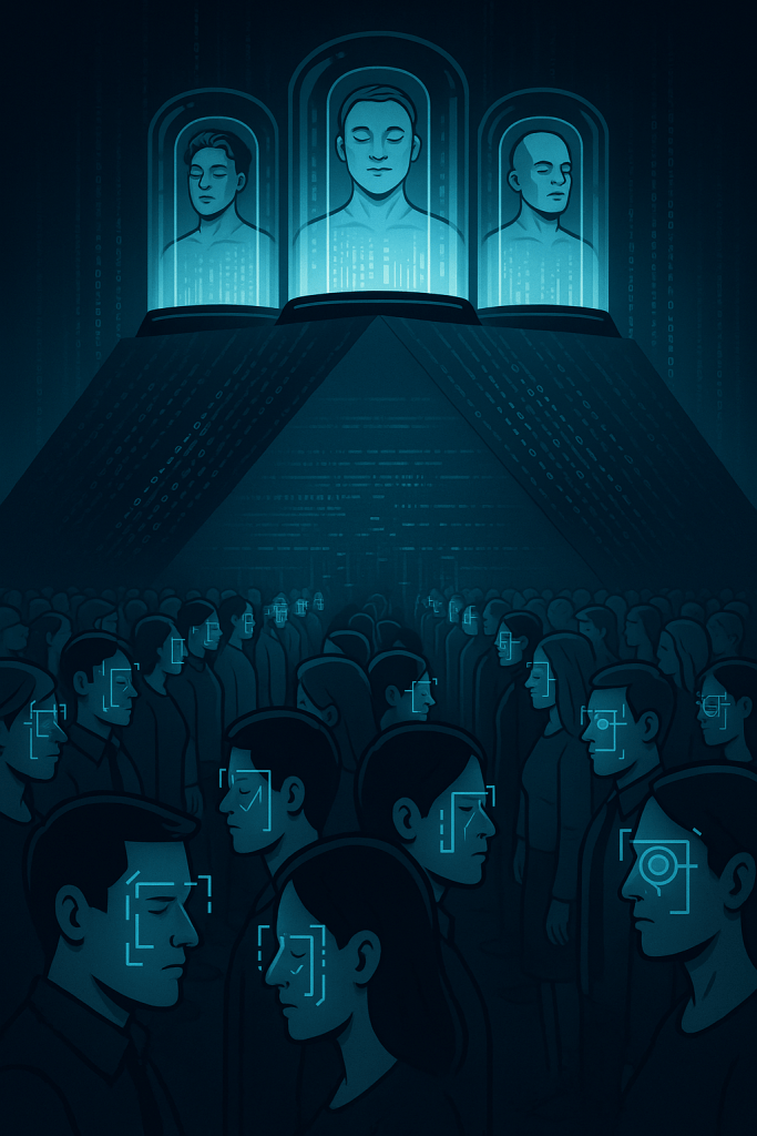 Illustration showing elite figures suspended in digital immortality while ordinary citizens are processed by biometric machines — symbolizing transhuman caste division
