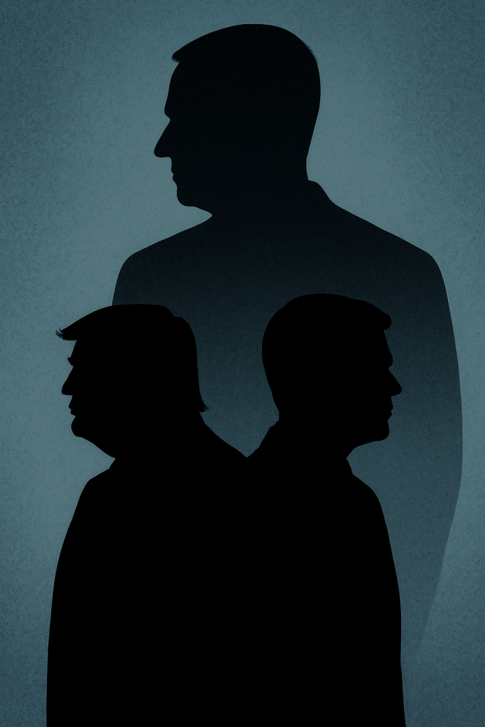 Silhouettes of Trump and Vance standing back to back with Thiel's silhouette behind them