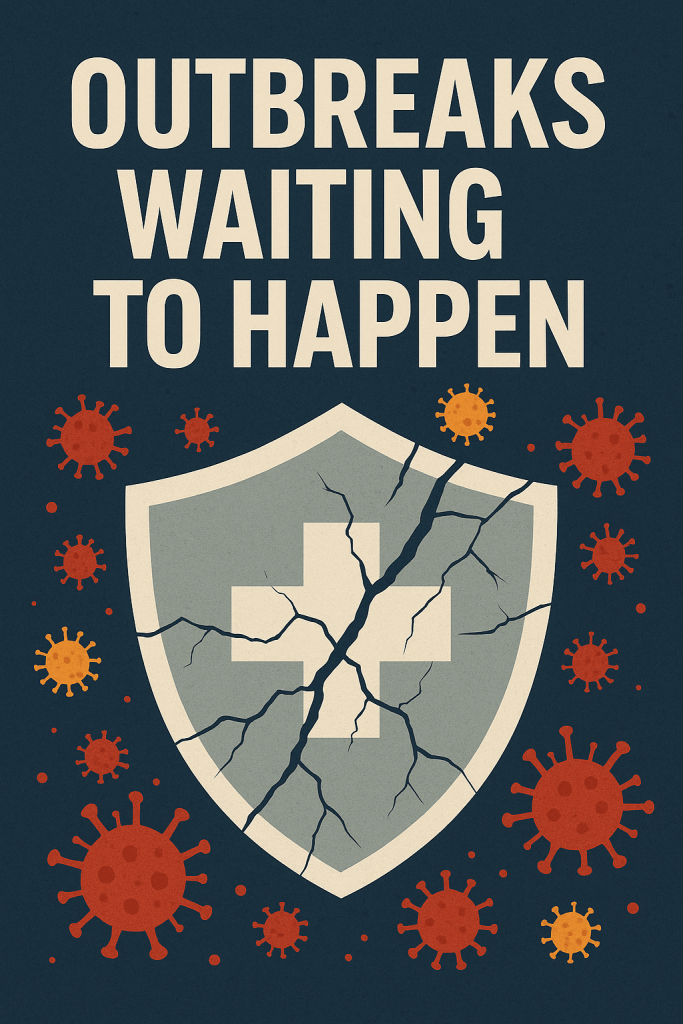 Digital illustration of a cracked medical shield with viruses seeping through, symbolizing America’s weakened public health defenses under RFK Jr.’s policies.