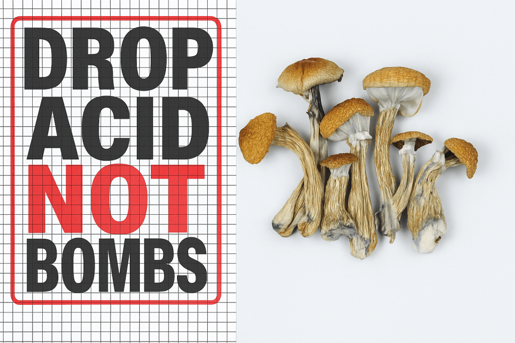 Collage with ‘DROP ACID NOT BOMBS’ poster on left and dried psilocybin mushrooms on right.