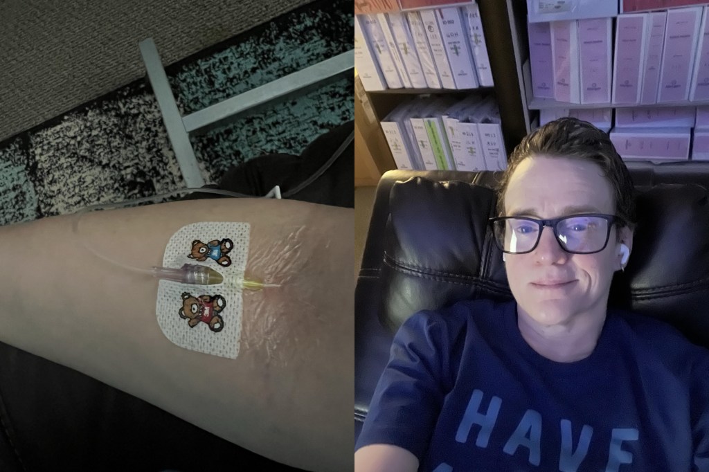 On the left, an IV line inserted into an arm secured with a medical bandage featuring two cartoon teddy bears. On the right, the author is reclining in a leather chair, wearing glasses, a navy blue shirt that says “HAVE,” and AirPods, with shelves of color-coded binders in the background.