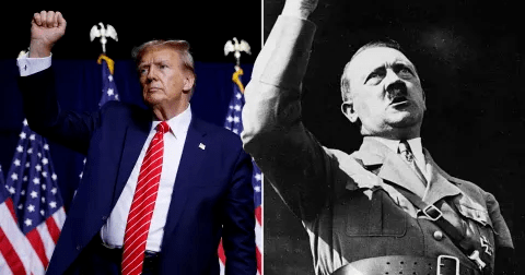 Split image comparing Donald Trump raising his fist at a rally with Adolf Hitler raising his arm while addressing a crowd in 1933; both framed as examples of political theatrics tied to authoritarian imagery.
