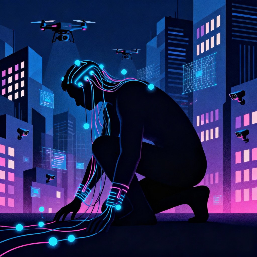 Silhouette of a person connected to brain-computer interface wires in a futuristic city, surrounded by drones and surveillance cameras, with neon lights and digital graphics in the background.
