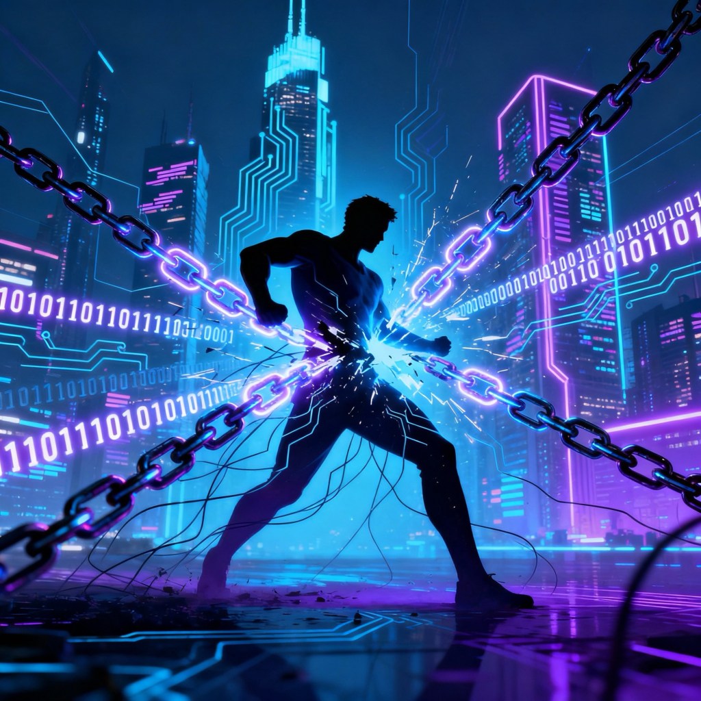A symbolic illustration of a human figure breaking digital chains, set against a glowing cityscape with subtle BCI circuitry, representing resistance to technocratic control.