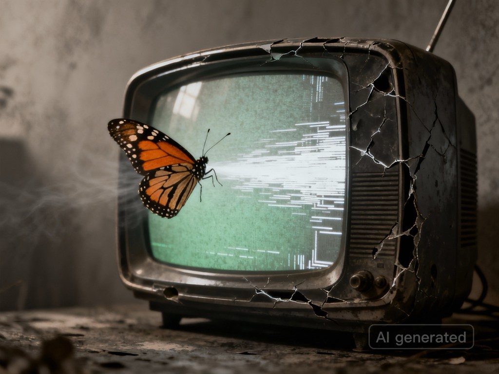 Monarch butterfly on an aged TV set with a static-filled screen, highlighting connections between psychological influence and media symbolism discussed in the post.