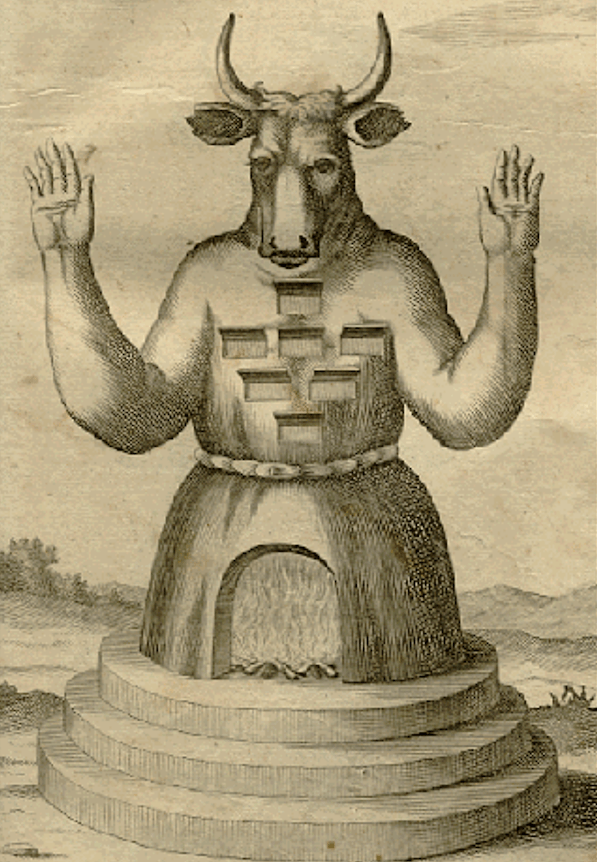 Engraving of a large, bull-headed humanoid idol, hands raised, sitting on a layered pedestal. The figure’s chest has several small chambers and its lower half is a hollow furnace with flames inside, referencing the ritual sacrifices linked to Moloch worship in ancient texts.