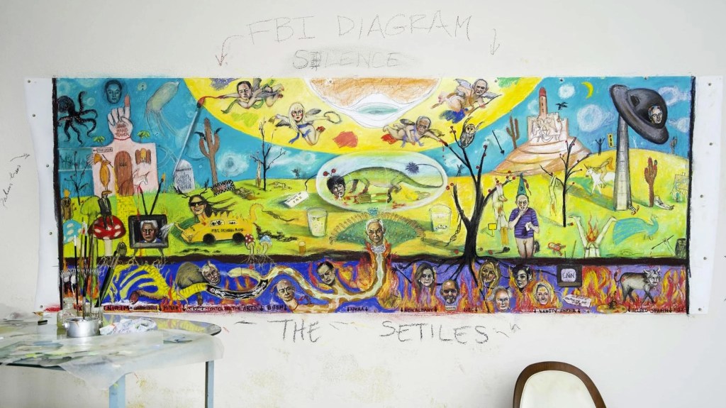 A densely detailed, allegorical painting in a surreal, Bosch-like style. The image depicts Epstein and associates in a nightmarish landscape: Epstein flies in a UFO, Ghislaine Maxwell is a pearl-wearing lizard devouring a schoolgirl, Les Wexner is the head of a serpent, and Alan Dershowitz appears pantsless. A tree with poisoned apples has corrupt figures at its roots. Several animals, including owls and peacocks, represent surveillance, vanity, and occult references. Brightly colored survivor figures and cherub-like guardians contrast with the dark scene, while skeletons beneath the surface symbolize lost victims. Buildings resembling temples reference secret rituals and corruption.